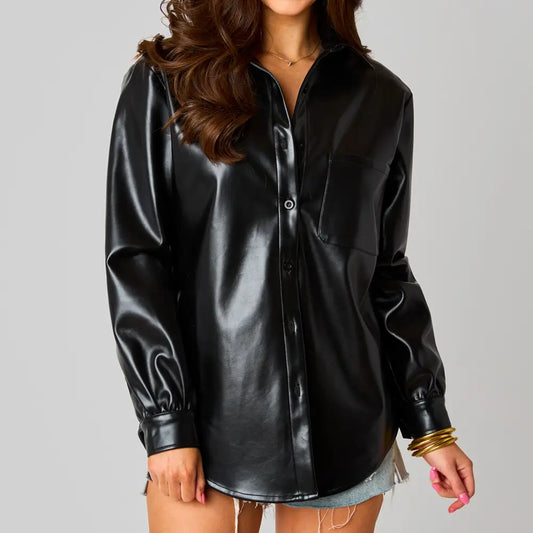 Brielle Black Vegan Leather Button Up Top