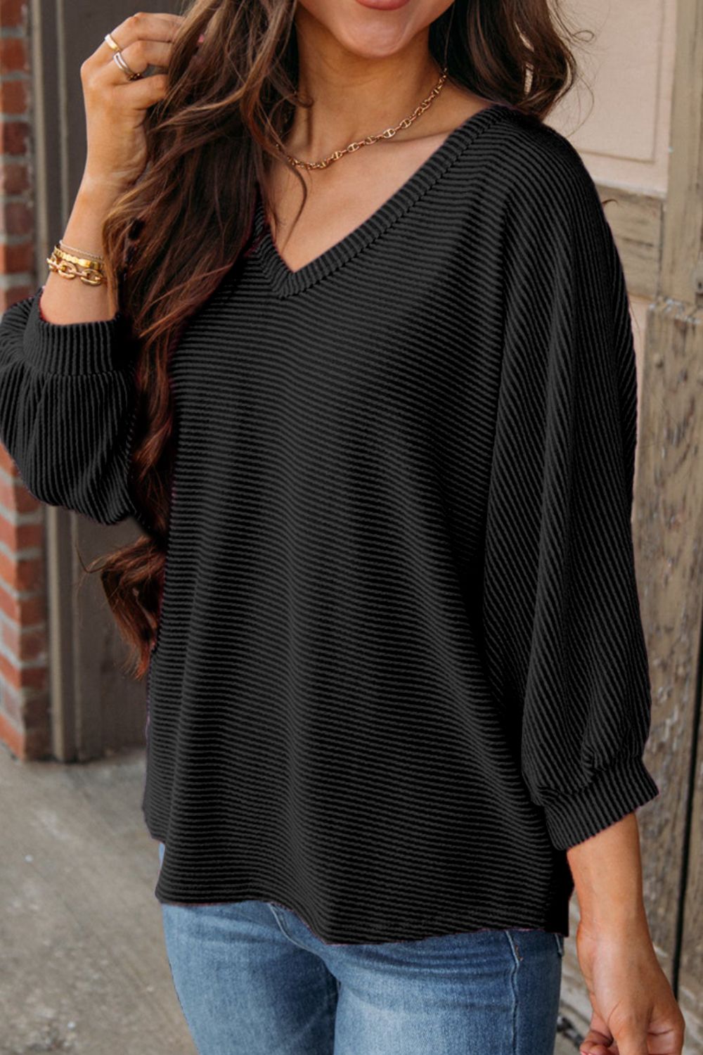 ONLINE ONLY! Texture V-Neck Long Sleeve Top