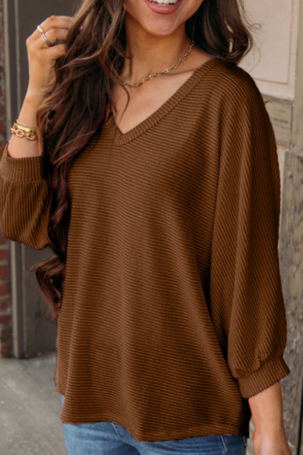 ONLINE ONLY! Texture V-Neck Long Sleeve Top