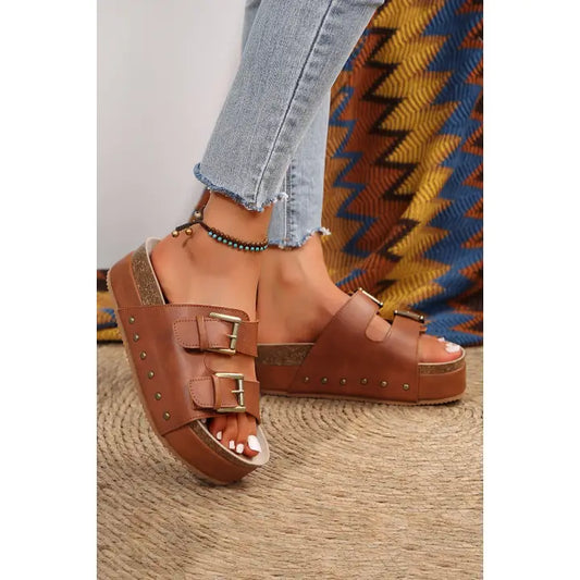 COMING SOON---Chestnut Dual Buckle Studded Platform Sandal Slippers