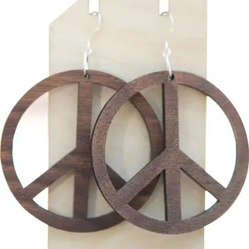 Wooden Peace Sign Hoop Earrings - Sterling Silver