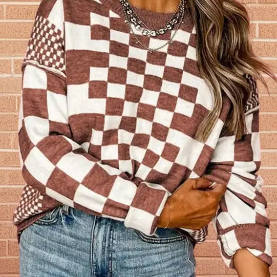 COMING SOON---Drop Shoulder Sweater with Checkered Print