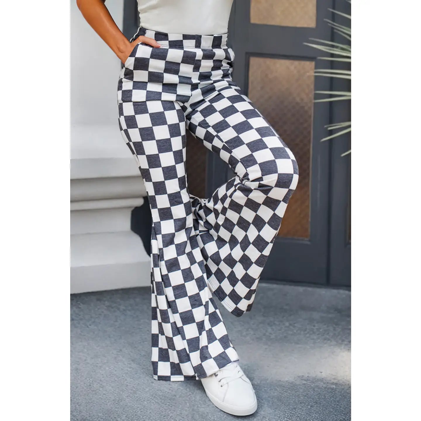 Checkerboard High Rise Casual Flared Pants