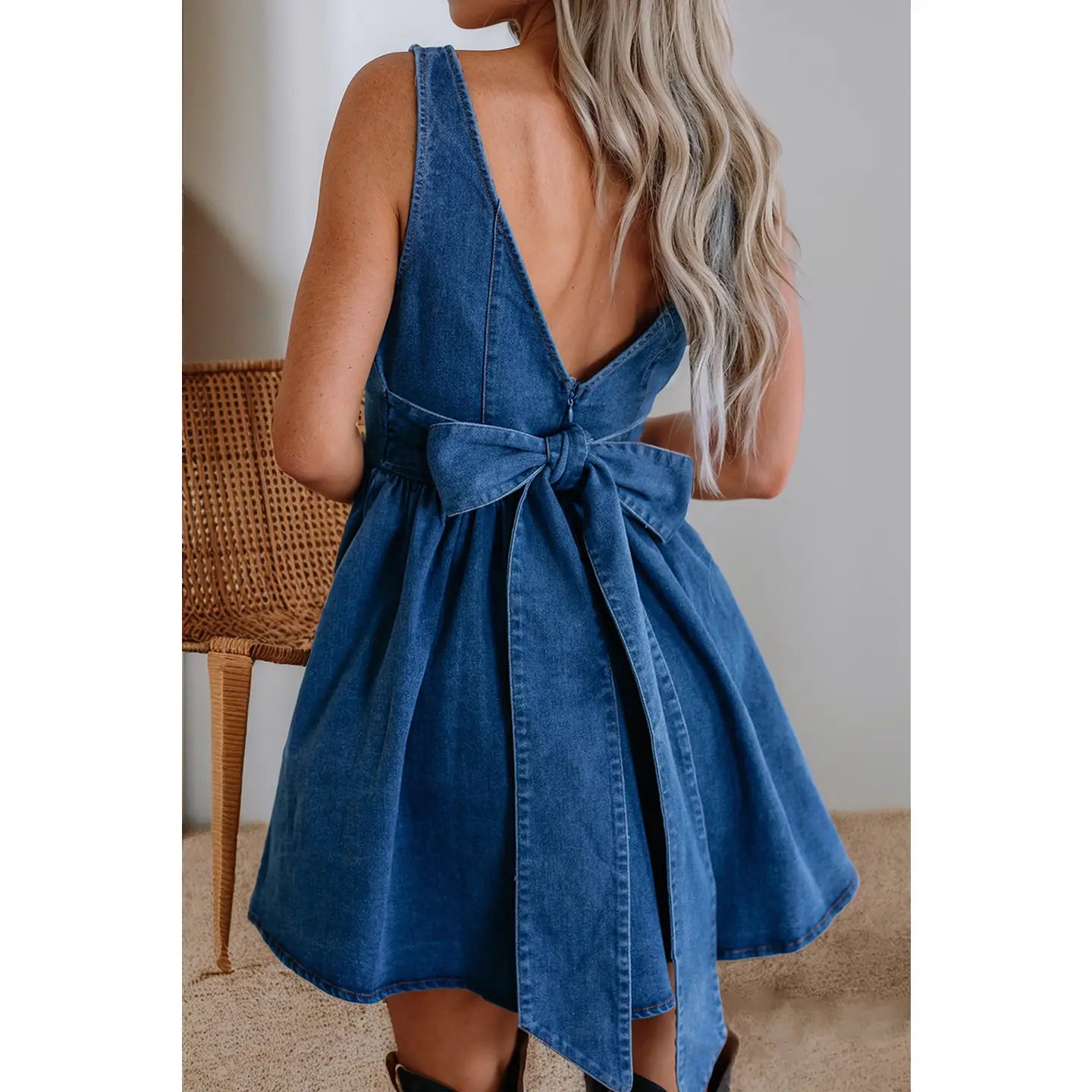 COMING SOON---Square Neck Bowknot A-Line Sleeveless Denim Dress