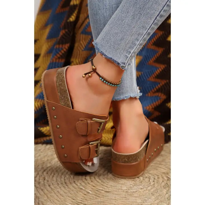 COMING SOON---Chestnut Dual Buckle Studded Platform Sandal Slippers