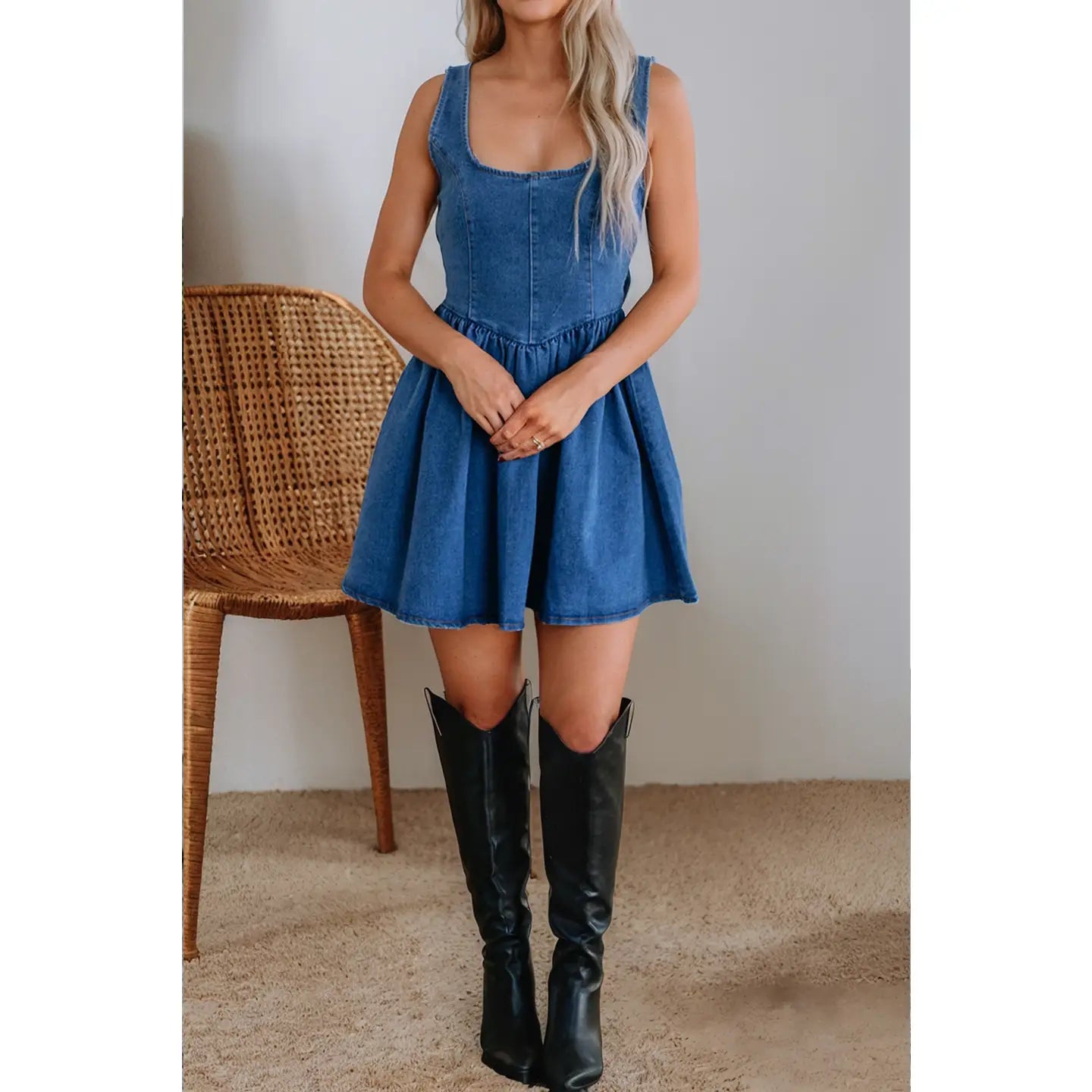 COMING SOON---Square Neck Bowknot A-Line Sleeveless Denim Dress