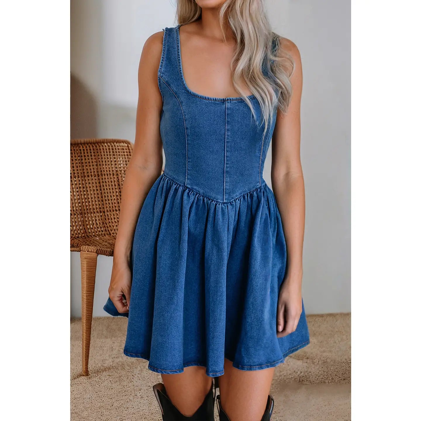 COMING SOON---Square Neck Bowknot A-Line Sleeveless Denim Dress