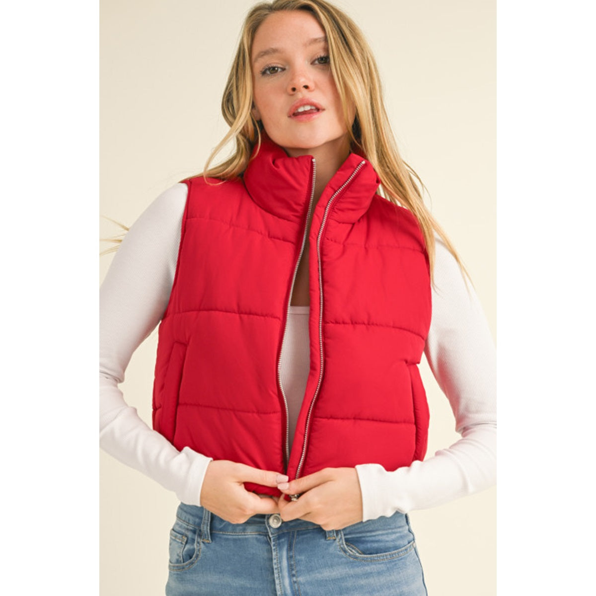 Nylon High Neck Faux Down Puffer Vest