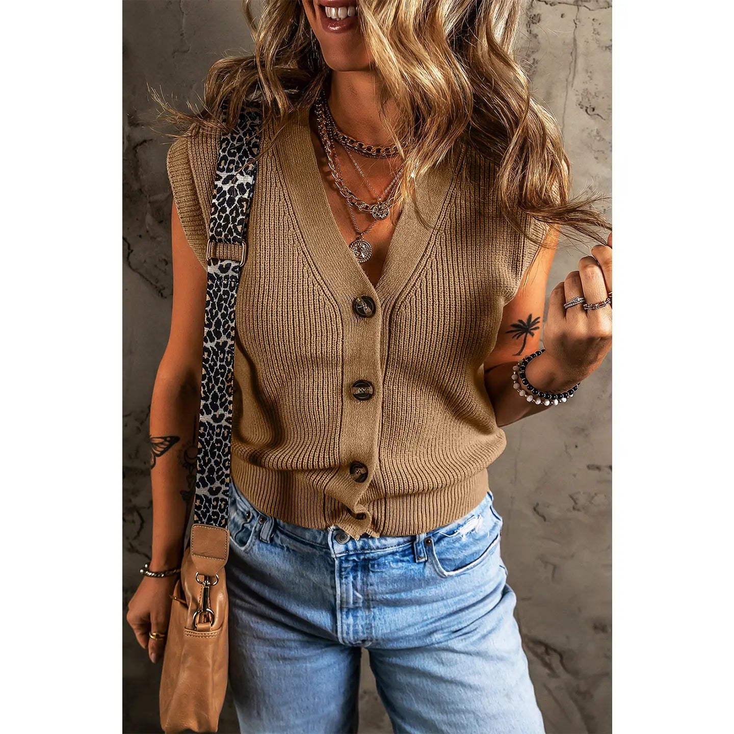 V Neck Buttoned Front Sweater Vest