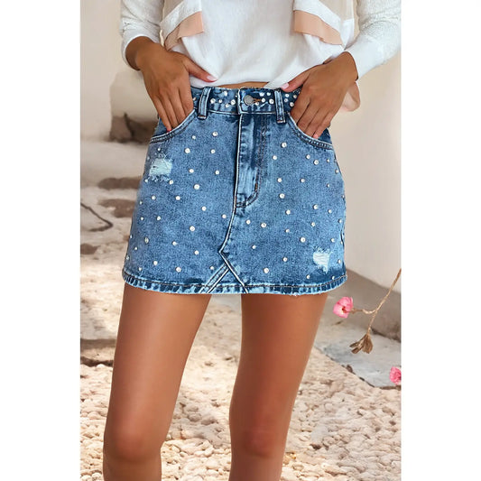 High Waist Rhinestone Distressed Mini Denim Skirt