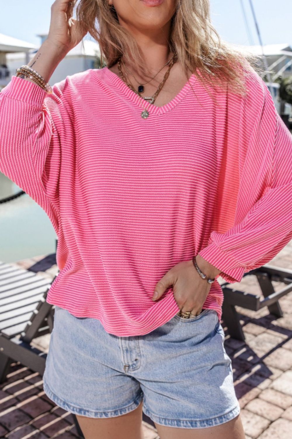 ONLINE ONLY! Texture V-Neck Long Sleeve Top