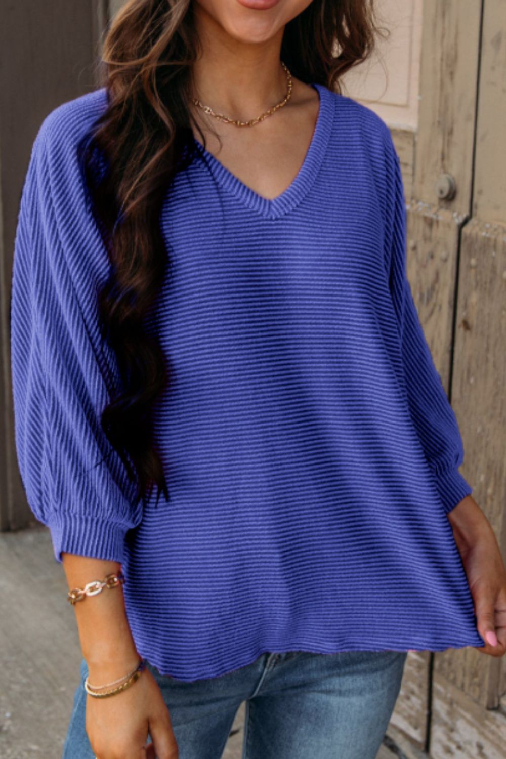 ONLINE ONLY! Texture V-Neck Long Sleeve Top