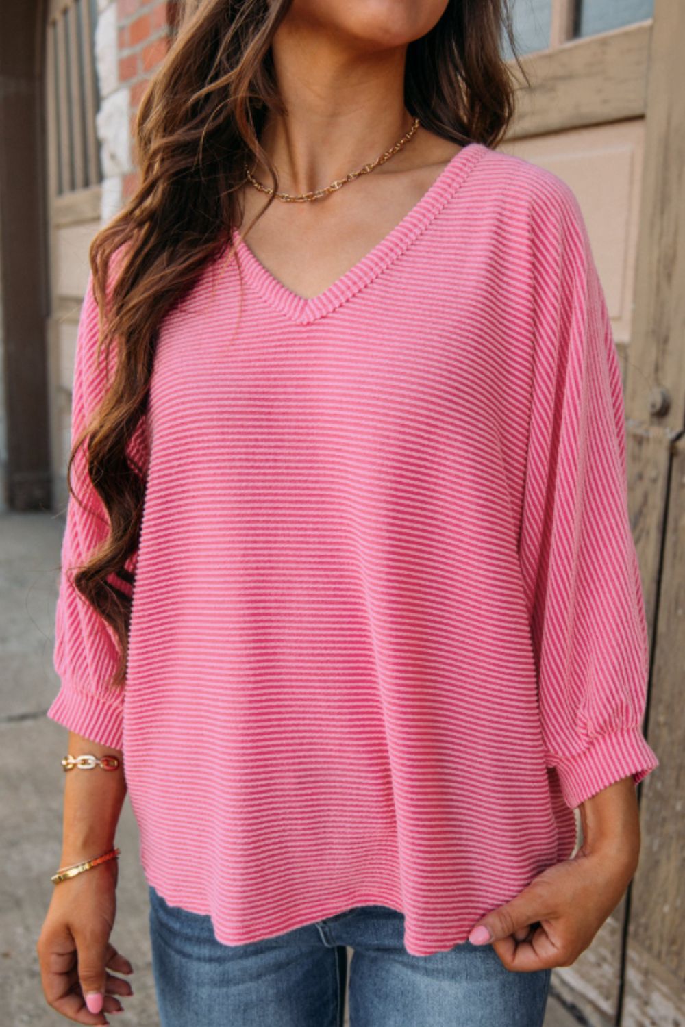 ONLINE ONLY! Texture V-Neck Long Sleeve Top