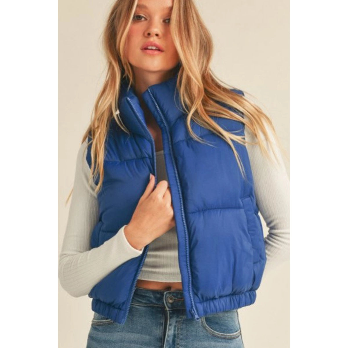 Nylon High Neck Faux Down Puffer Vest