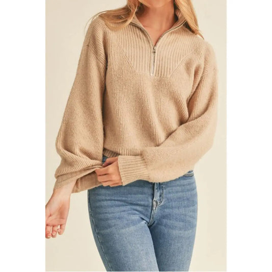 Mock Neck Half Zip Up Pullover Mossy Sweater