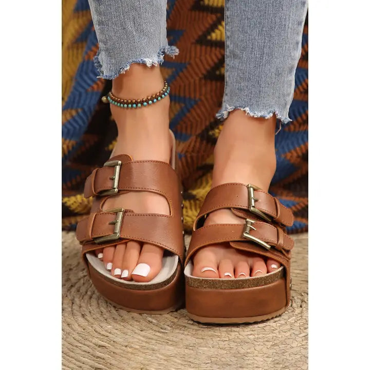 COMING SOON---Chestnut Dual Buckle Studded Platform Sandal Slippers