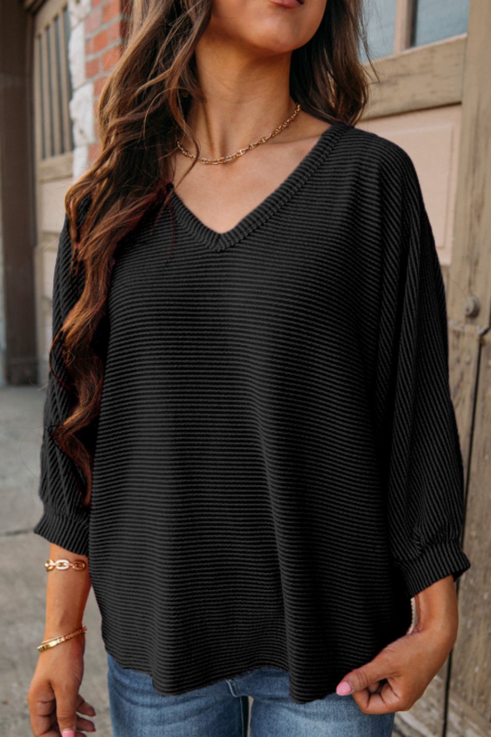 ONLINE ONLY! Texture V-Neck Long Sleeve Top