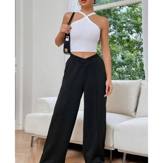 Black Trendy Wide Stright Leg Sweat Pants