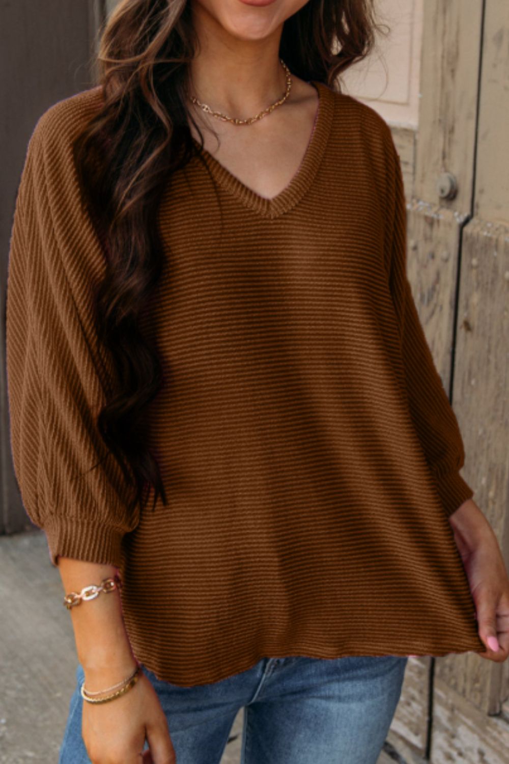 ONLINE ONLY! Texture V-Neck Long Sleeve Top